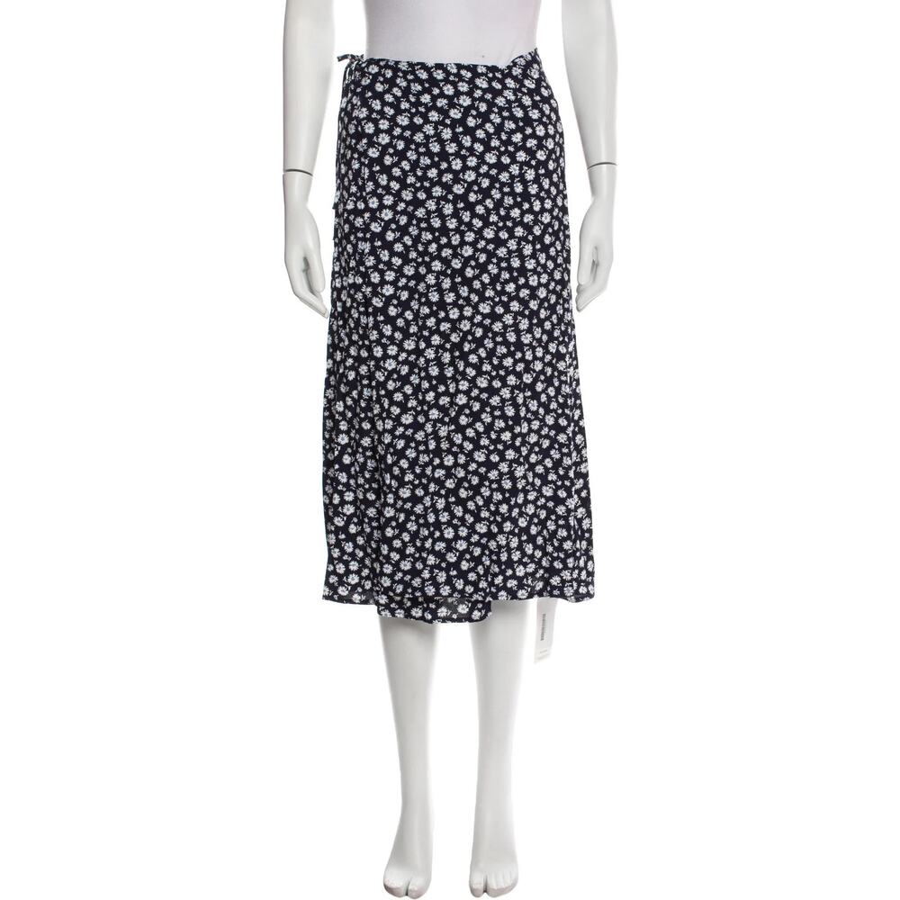 Reformation Floral Midi Wrap Skirt Women Size 8 Navy Blue Business Career Girly